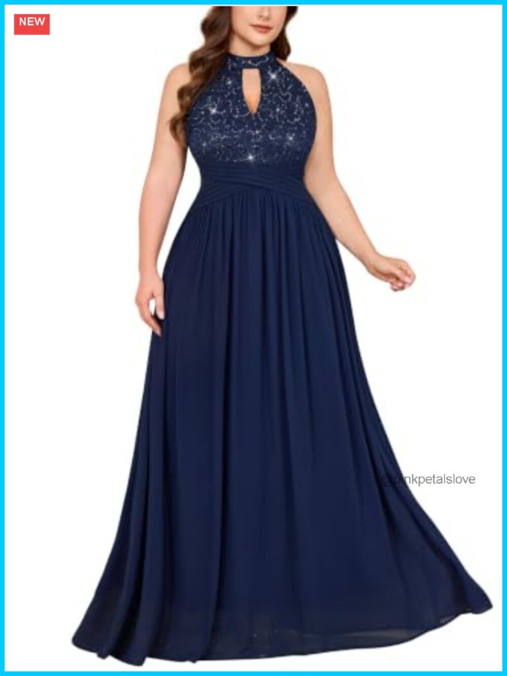 Plus Size Sequin Lace Halter Neck Formal Maxi Dress Sleeveless A-Line